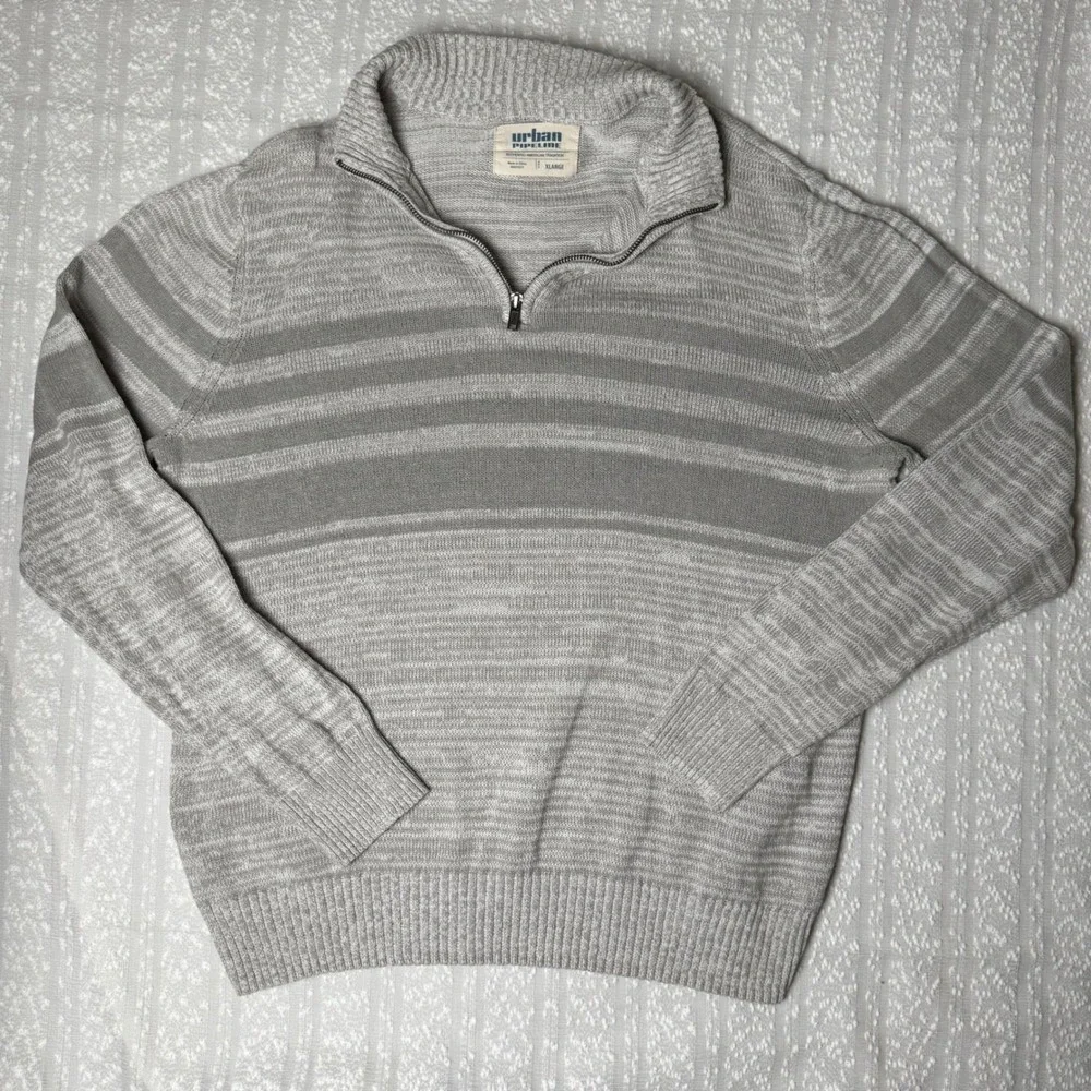 Urban Pipeline Mens 1/4 Zip Striped Old Money Sweater Size XL Gray Preppy Layers